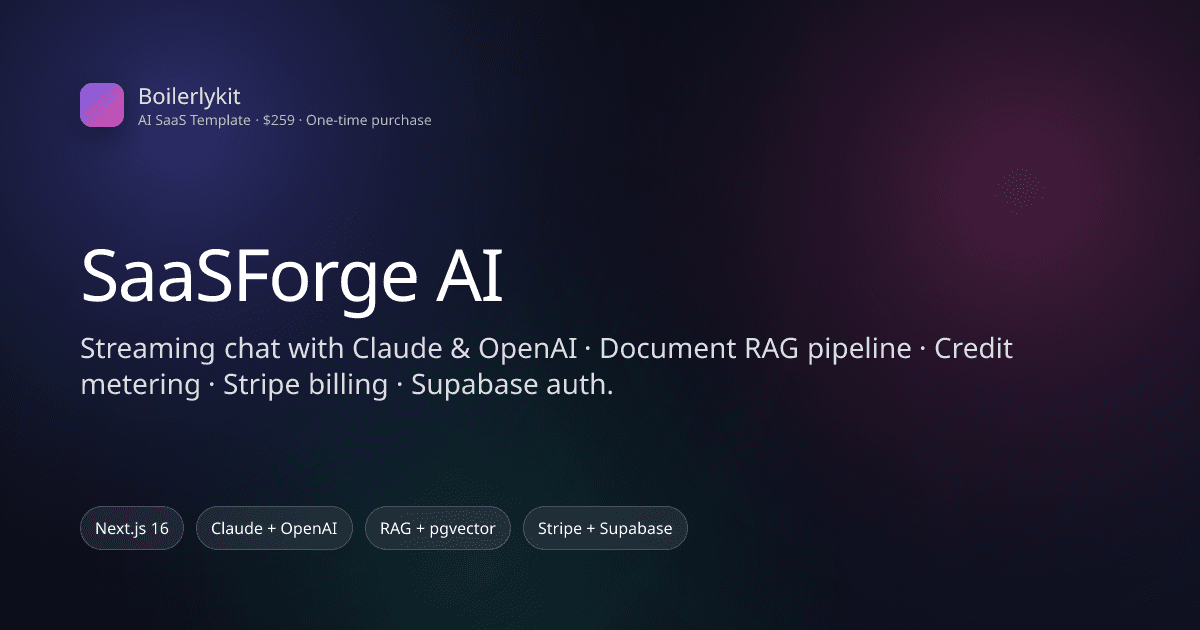 SaaSForge AI: dashboard preview with AI chat, RAG, and billing