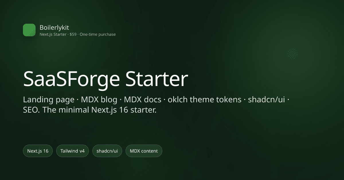 SaaSForge Starter: landing page preview with blog, docs, and theme system